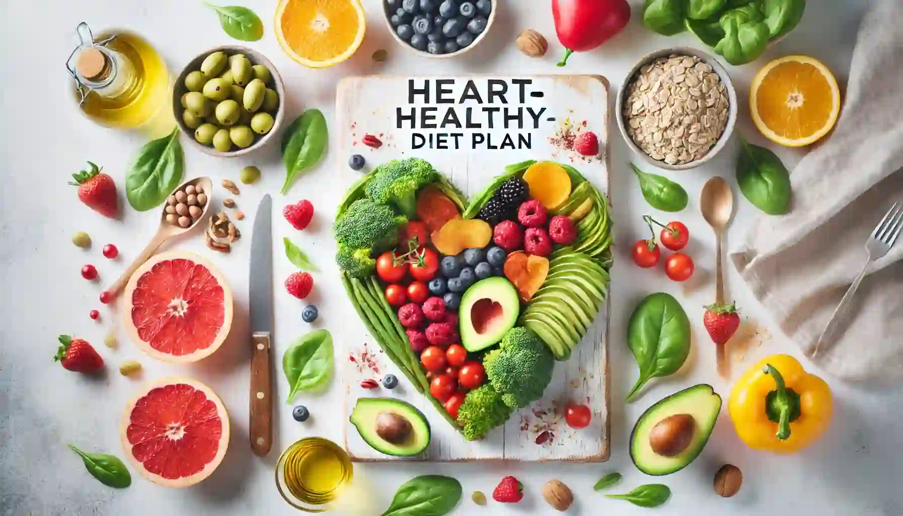 Heart-healthy foods arranged in a heart shape, including fresh fruits, vegetables, nuts, and olive oil, symbolizing a heart-healthy diet plan.