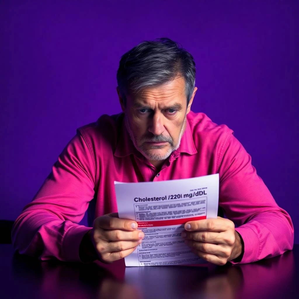 A middle-aged man in a pink shirt looking concerned while holding a medical report showing cholesterol levels of 220 mg/dL, seated at a table with a purple background.