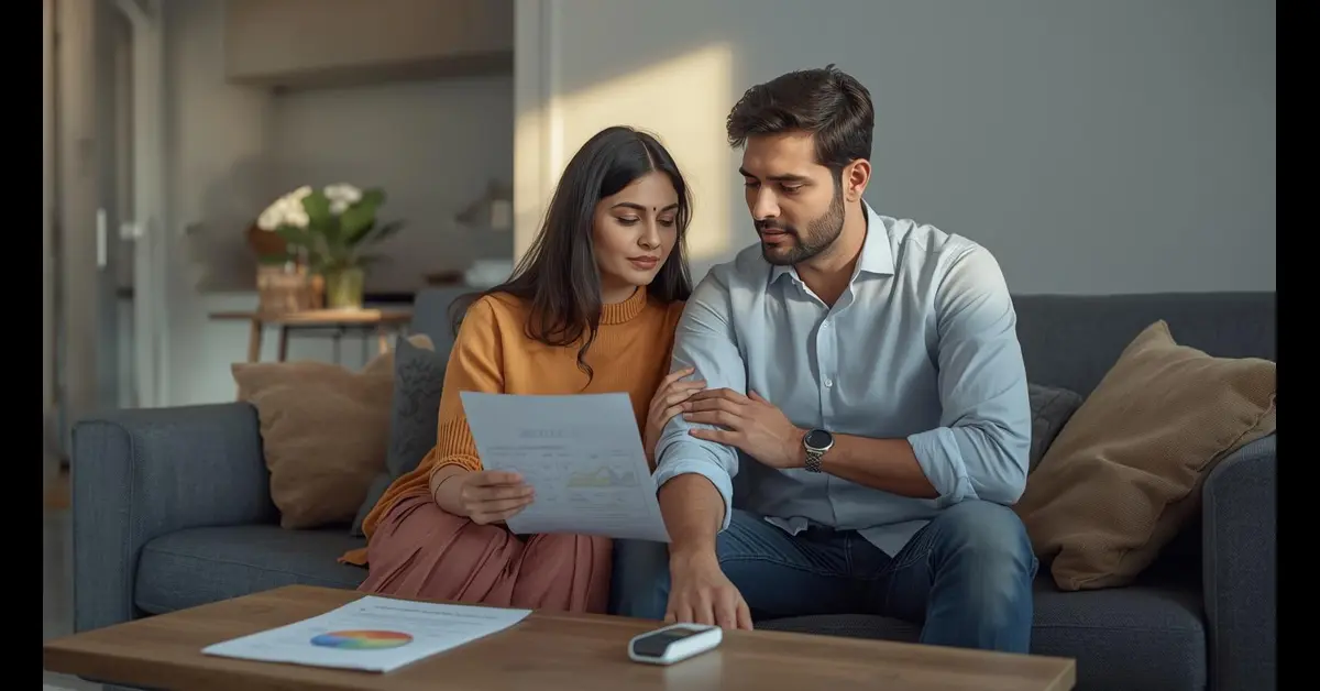Middle-aged Indian person checking fasting blood sugar at home with a glucometer, comparing readings for fasting sugar, A1C and CGM.