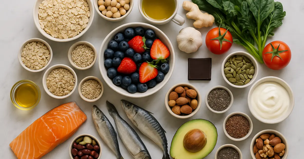 HDL-friendly foods with portions—salmon, sardines, avocado, oats, nuts, seeds, olive oil, berries and greens—arranged on a table