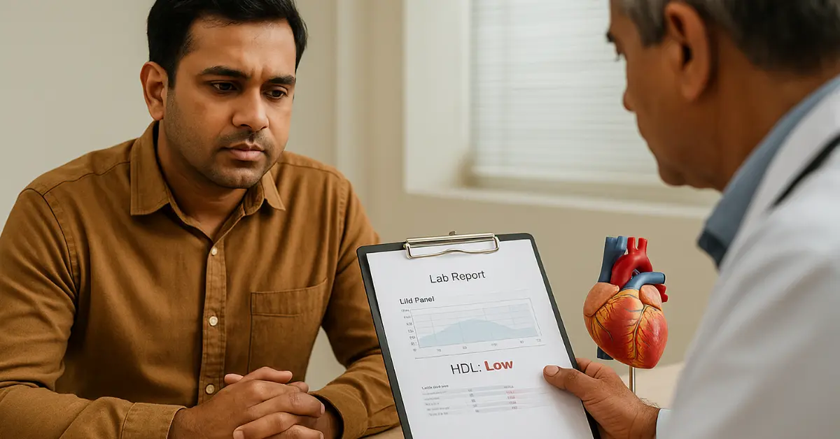 Indian adult consulting a doctor; lab report shows HDL low, with heart model and stethoscope in a clinic; realistic, no text.