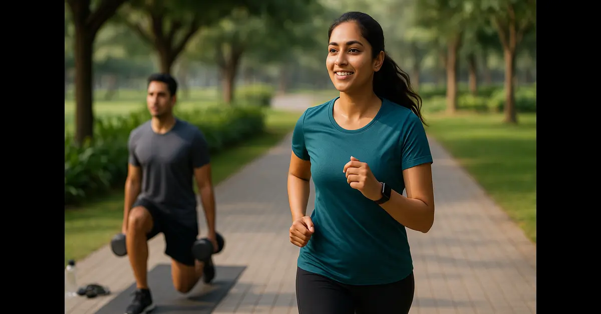 South Asian woman jogging and man doing dumbbell lunges in a green park—cardio and strength routine to improve HDL (good) cholesterol