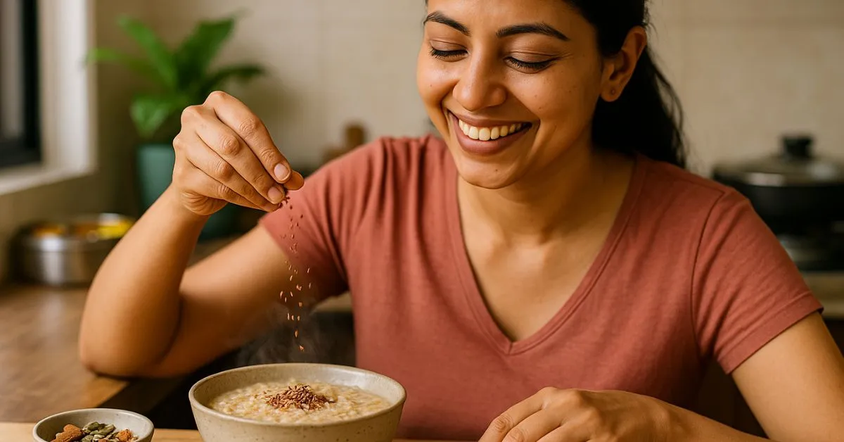 Smiling Indian woman sprinkling flax seeds over a steaming bowl of oats in a sunlit kitchen—heart-healthy, HDL-friendly breakfast.
