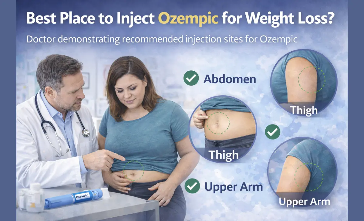 Doctor demonstrating correct Ozempic injection site on abdomen